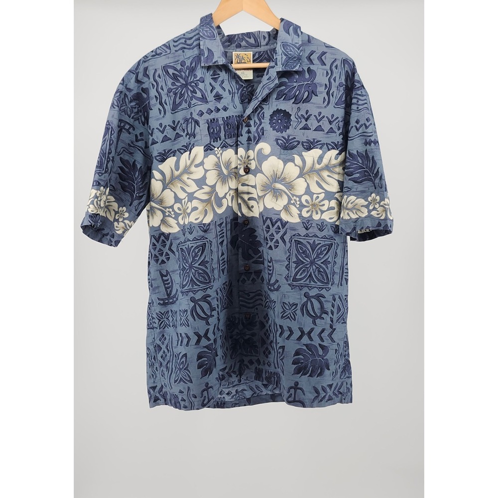 Vintage Winnie Fashion Hawaiian Shirt Mens 2XL Blue Tribal Hibiscus Cotton Bowl